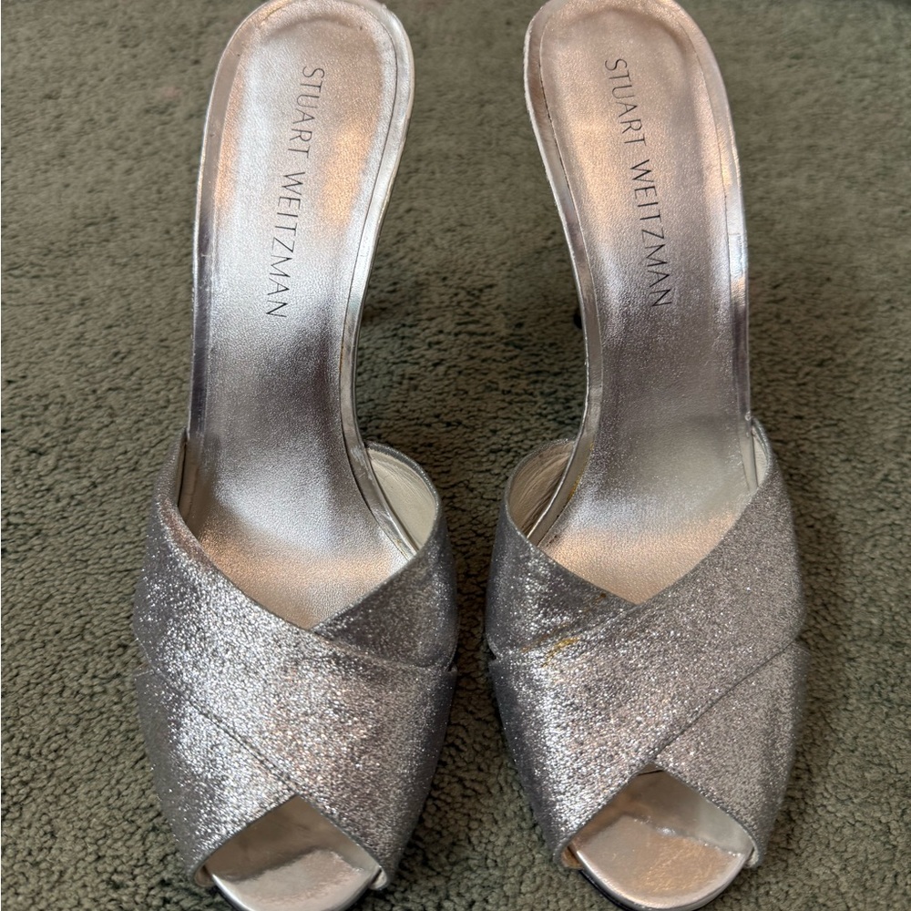 Stuart Weitzman Silver Glitter Slide Sandals EUC - image 1